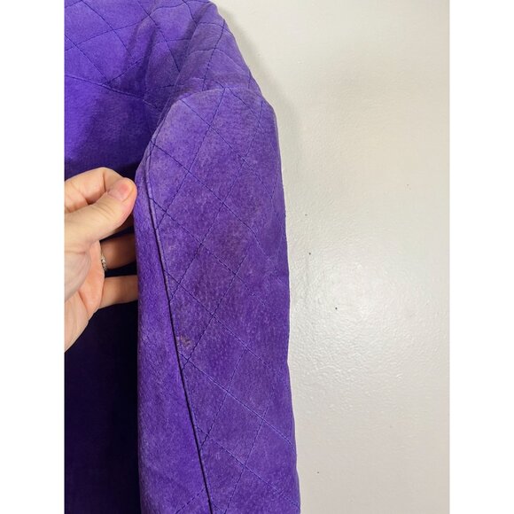 Retro Leather Bomber Jacket Purple L Quilted Colorful Preppy Neutral 80s Western - Picture 15 of 16